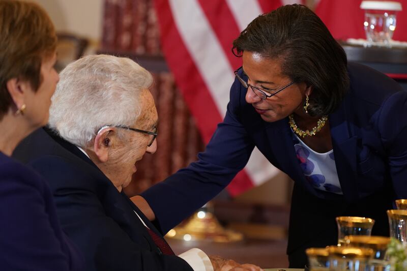 Former US secretary of state Henry Kissinger speaks with Susan Rice, director of the US Domestic Policy Council, before the luncheon. EPA