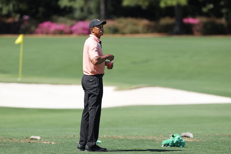 Tiger Woods at the practice area at Augusta National Golf Club. Getty