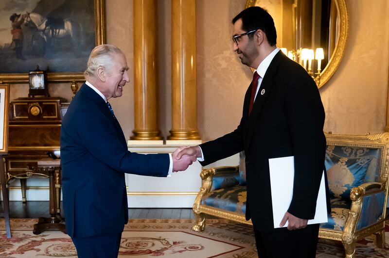 King Charles III receives Dr Sultan Al Jaber, Cop28 president-designate and the UAE's Special Envoy for Climate Change, at Buckingham Palace. PA