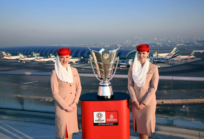 The Asian Cup has arrived in Dubai on an Emirates flight. Courtesy Emirates