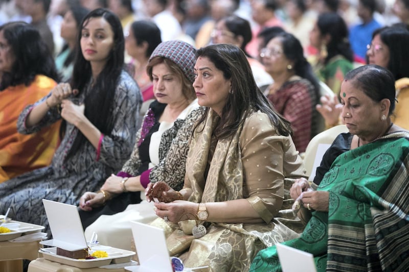 ABU DHABI, UNITED ARAB EMIRATES - April 20 2019.

The Shilanyas Vidhi, The Foundation
ceremony of the first traditional Hindu Mandir in Abu Dhabi, UAE. The Vedic ceremony is performed in the holy presence of His Holiness Mahant Swami Maharaj, the spiritual leader of BAPS Swaminarayan Sanstha.

(Photo by Reem Mohammed/The National)

Reporter:
Section: NA + BZ