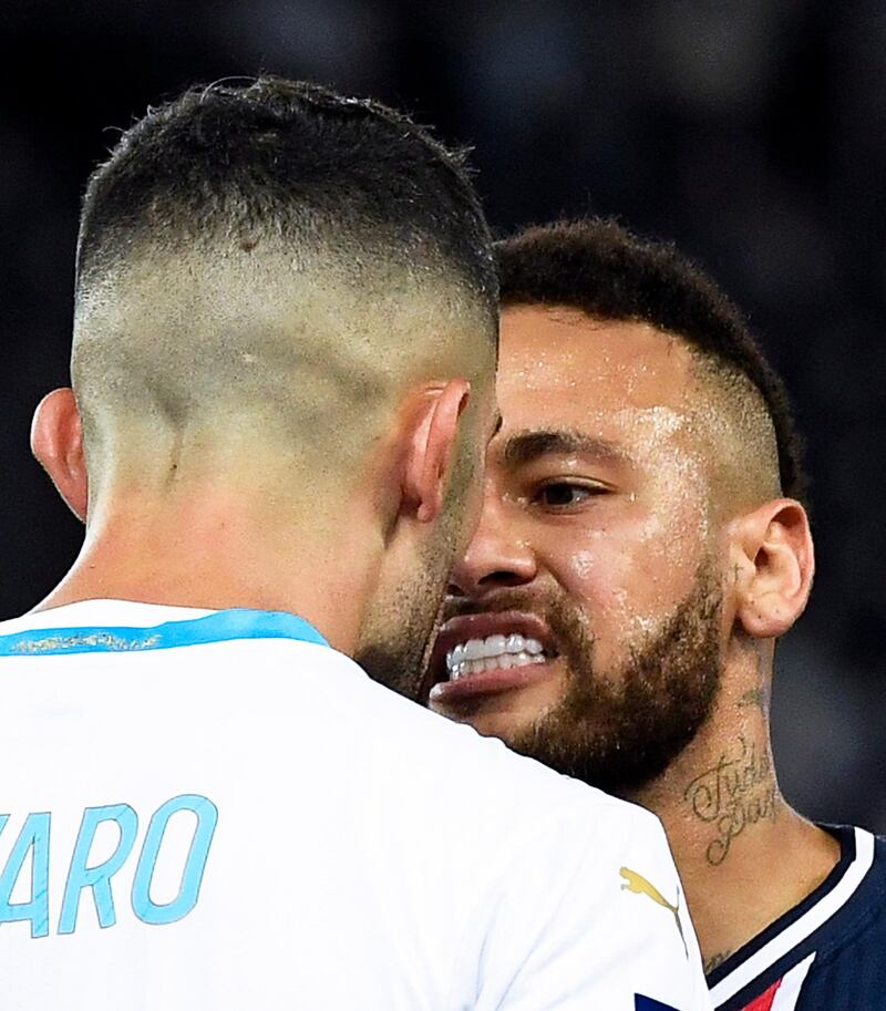 Neymar argues with Marseille's Alvaro Gonzalez. EPA