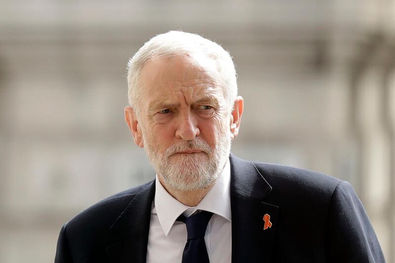 FILE - In this Monday, April 23, 2018 file photo, Britain's opposition Labour party leader Jeremy Corbyn arrives to attend a Memorial Service to commemorate the 25th anniversary of the murder of black teenager Stephen Lawrence at St Martin-in-the-Fields church in London. British opposition leader Jeremy Corbyn, facing allegations of enabling anti-Semitism, has acknowledged he was present at a wreath-laying to Palestinians allegedly linked to the murder of 11 Israeli athletes at the 1972 Munich Olympics. But the Labour Party leader said on Monday, Aug. 13 "I don't think I was actually involved" in laying the wreath. (AP Photo/Matt Dunham, file)