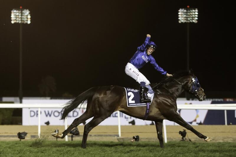 William Buick atop Jack Hobbs celebrates racing to victory in the Dubai Sheema Classic during the Dubai World Cup at Meydan racecourse in Duabi on March 25, 2017. Christopher Pike / The National