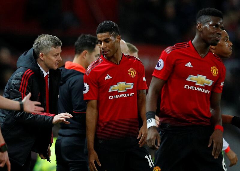 Manchester United interim manager Ole Gunnar Solskjaer gives instructions to Marcus Rashford. Reuters