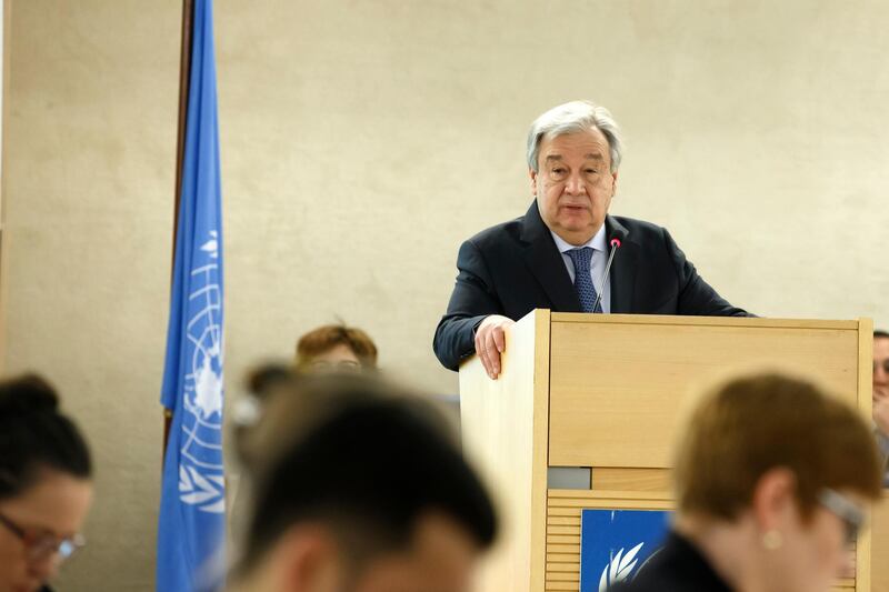 U.N. Secretary-General Antonio Guterres adresses his statement during the opening of the High-Level Segment of the 40th session of the Human Rights Council, at the European headquarters of the United Nations in Geneva, Switzerland, on Monday, Feb. 25, 2019. (Salvatore Di Nolfi/Keystone via AP)
