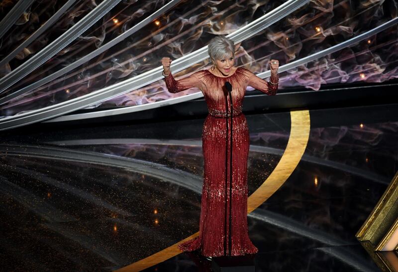 Jane Fonda, wearing Elie Saab, presents the award for Best Picture at the Academy Awards on February 9, 2020. AFP