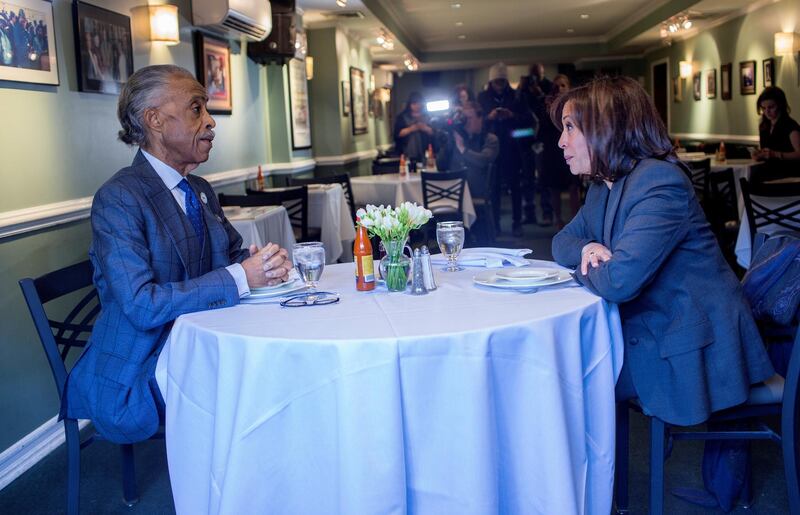 NEW YORK, NY - FEBRUARY 21: Reverend Al Sharpton meets 2020 presidential candidate Sen. Kamala Harris (D-CA) for lunch at Sylvia's restaurant on February 21, 2019 in the Harlem neighborhood of New York City. (Photo by Andrew Lichtenstein/Corbis via Getty Images)