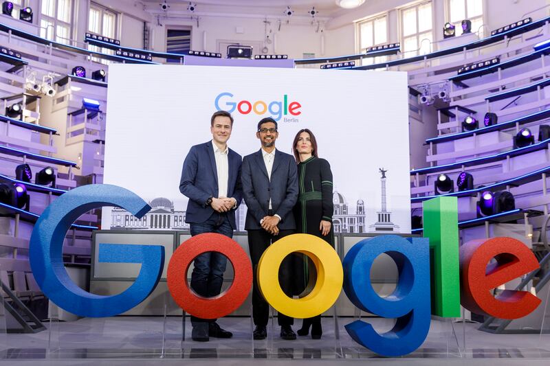 From left, bosses Philipp Justus, Sundar Pichai and Annette Kroeber-Riel at the opening of the Berlin representation of Google Germany in 2019. Getty Images