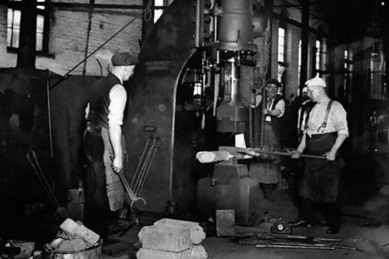 Workers smithing with a steam hammer in Derby in 1926. The harnessing of steam is an instance where technology changed the course of history. Getty Images