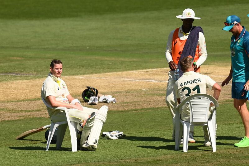 Steve Smith rest during a drinks break. Getty