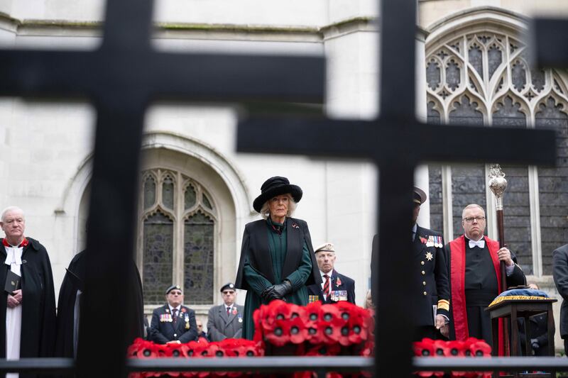 Queen Camilla during a visit to the Field of Remembrance, in its 95th year, at Westminster Abbey in London. PA