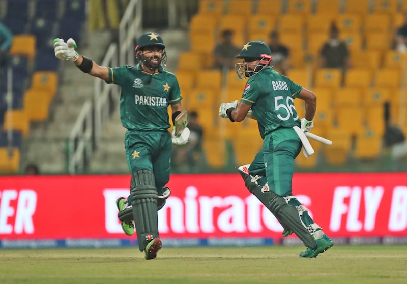 Pakistan's captain Babar Azam, right, and Mohammad Rizwan added 113 for the first wicket in Abu Dhabi against Namibia. AP