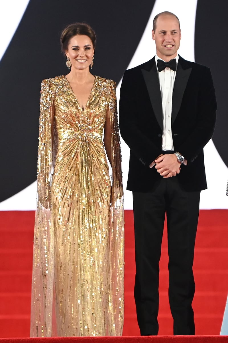 Catherine, Duchess of Cambridge, in gold Jenny Packham, and Prince William, Duke of Cambridge, arrive for the world premiere of the James Bond film 'No Time to Die' at the Royal Albert Hall in London on September 28, 2021. EPA