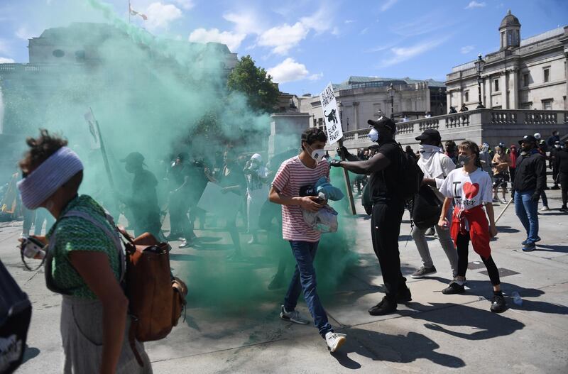 Protesters in Trafalgar square during a Black lives matter demonstration in London.  EPA