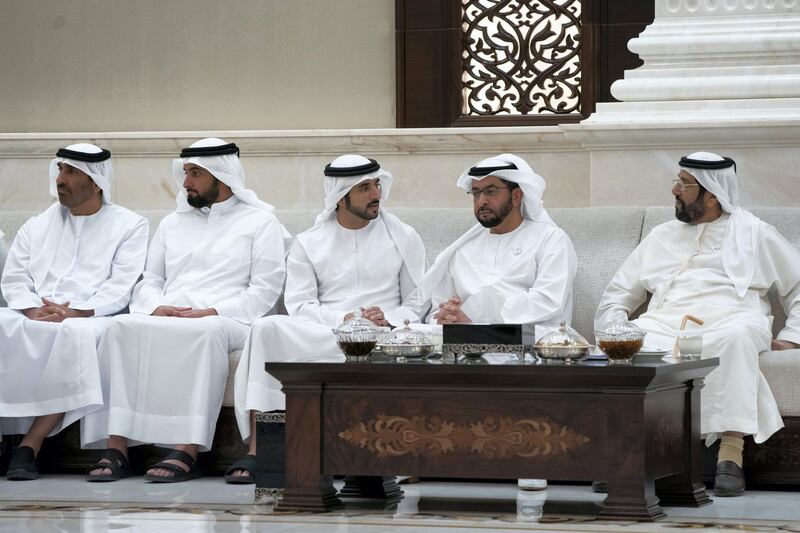 ABU DHABI, UNITED ARAB EMIRATES - May 21, 2019: (L-R) HH Sheikh Saeed bin Zayed Al Nahyan, Abu Dhabi Ruler's Representative, HH Sheikh Ahmed bin Mohamed bin Rashed Al Maktoum, HH Sheikh Hamdan bin Mohamed Al Maktoum, Crown Prince of Dubai, HH Sheikh Hamdan bin Zayed Al Nahyan, Ruler’s Representative in Al Dhafra Region and HH Sheikh Tahnoon bin Mohamed Al Nahyan, Ruler's Representative in Al Ain Region, attend an iftar reception at Al Bateen Palace.

( Eissa Al Hammadi for the Ministry of Presidential Affairs )
---