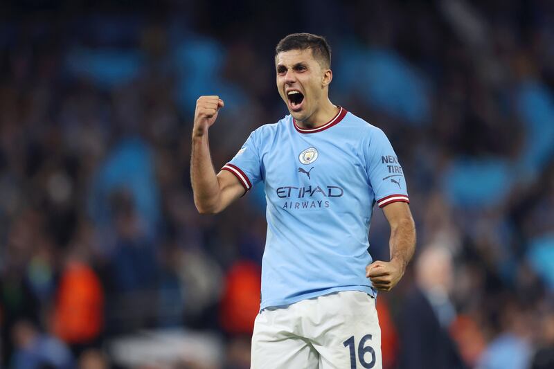 Rodri celebrates after the Manchester City's Champions League smei-final victory over Real Madrid at the Etihad Stadium on May 17, 2023. Getty