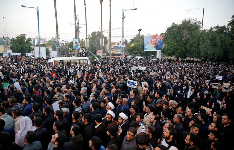 People attend a funeral procession for Iranian Major-General Qassem Suleimani, head of the elite Quds Force, and Iraqi militia commander Abu Mahdi Al Muhandis, who were killed in an air strike at Baghdad airport, in Ahvaz, Iran. Reuters