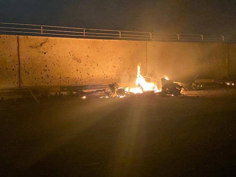 A burning vehicle near Baghdad International Airport, Iraq. Security Media Cell / EPA