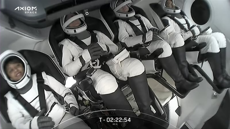 The Ax-2 crew inside the Dragon spacecraft, as they waited for a lift-off. Photo: SpaceX 