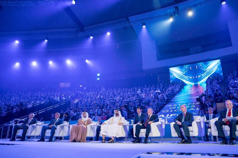 ASTANA, KAZAKHSTAN - July 05, 2018: HH Sheikh Mohamed bin Zayed Al Nahyan, Crown Prince of Abu Dhabi and Deputy Supreme Commander of the UAE Armed Forces (5th R) and HE Nursultan Nazarbayev, President of Kazakhstan (3rd R) attend the opening ceremony of Astana International Financial Centre. Seen with HH Sheikh Mansour bin Zayed Al Nahyan, UAE Deputy Prime Minister and Minister of Presidential Affairs (6th R).

( Hamad Al Kaabi / Crown Prince Court - Abu Dhabi )