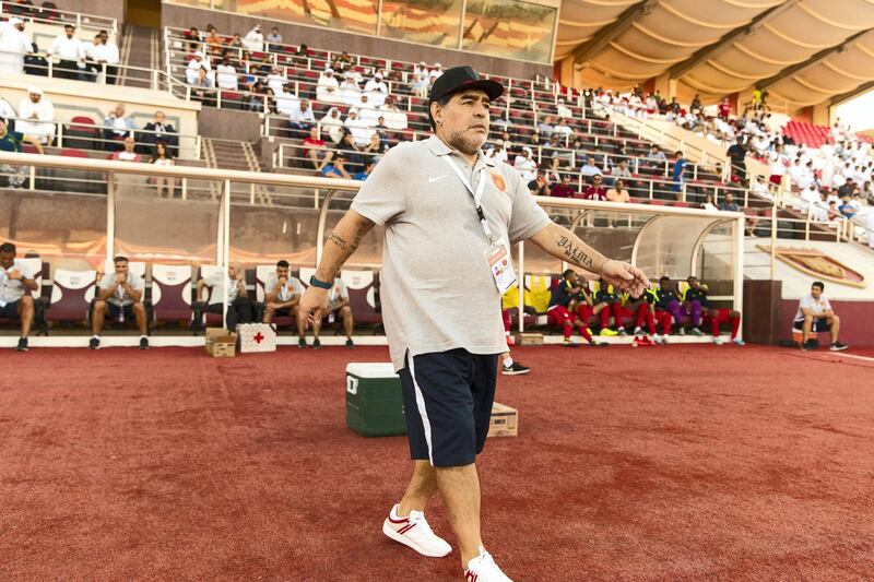 Fujairah, United Arab Emirates, November 4, 2017:    Diego Maradona, head coach of Fujairah football club, while playing against Al Orouda during their UAE first division regular season match at the Fujairah stadium in Fujairah on November 4, 2017. Christopher Pike / The National

Reporter: John McAuley
Section: Sport