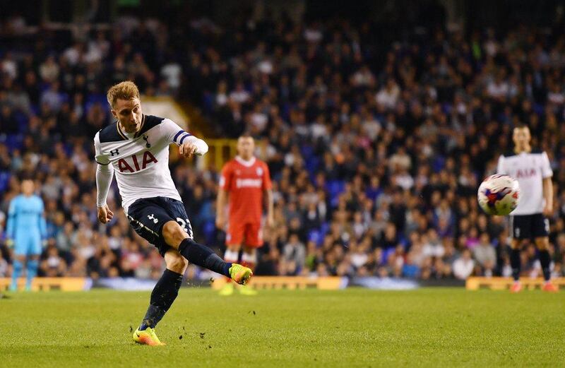 Christian Eriksen of Tottenham Hotspur scores his side’s first goal. Mike Hewitt / Getty Images