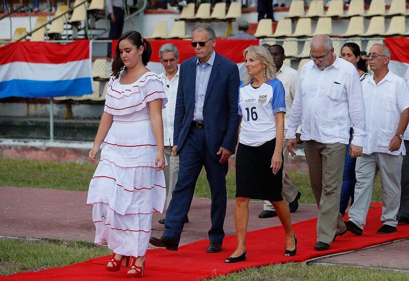 HAVANA, CUBA - OCTOBER 07:  Dr. Jill Biden, wife of U.S. Vice President Joe Biden, is escorted to the pitch prior to the match between the United States and Cuba at Estadio Pedro Marrero on October 7, 2016 in Havana, Cuba.  (Photo by Kevin C. Cox/Getty Images)
