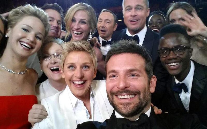 This image released by Ellen DeGeneres shows actors front row from left, Jared Leto, Jennifer Lawrence, Meryl Streep, Ellen DeGeneres, Bradley Cooper, Peter Nyong’o Jr., and, second row, from left, Channing Tatum, Julia Roberts, Kevin Spacey, Brad Pitt, Lupita Nyong’o and Angelina Jolie as they pose for a "selfie" portrait on a cell phone during the Oscars. AP 