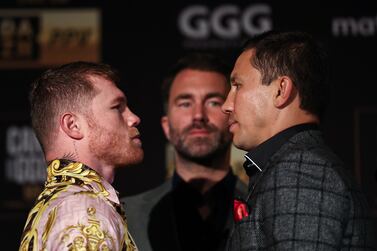 NEW YORK, NEW YORK - JUNE 27: Boxers Canelo Alvarez (L) and Gennady Golovkin (R) face off during a press conference on June 27, 2022 in New York City.    Dustin Satloff / Getty Images / AFP
