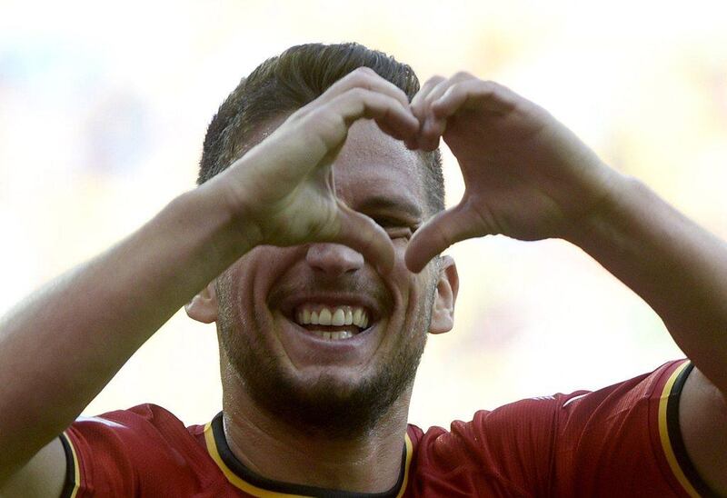 Dries Mertens celebrates after scoring the winning goal for Belgium on Tuesday night at the 2014 World Cup in Belo Horizonte, Brazil. Martin Bureau / AFP / June 17, 2014