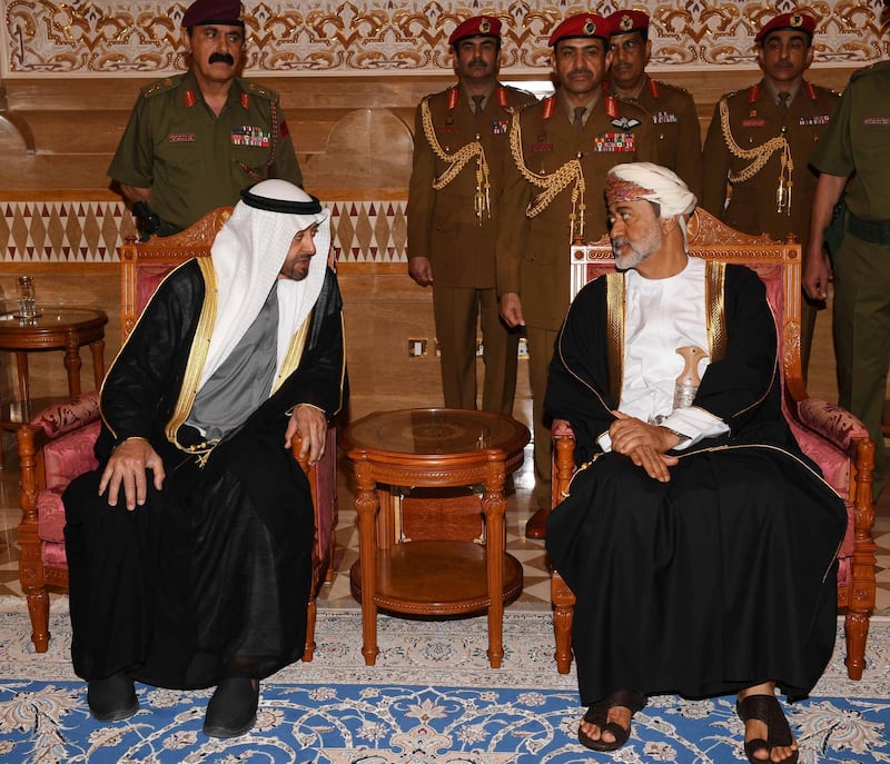 Sultan Sayyid Haitham Bin Tariq Al Said receives Sheikh Mohammed bin Zayed after his arrival to attend the late Sultan Qaboos official mourning ceremony in Muscat, Oman. Oman News Agency via AP