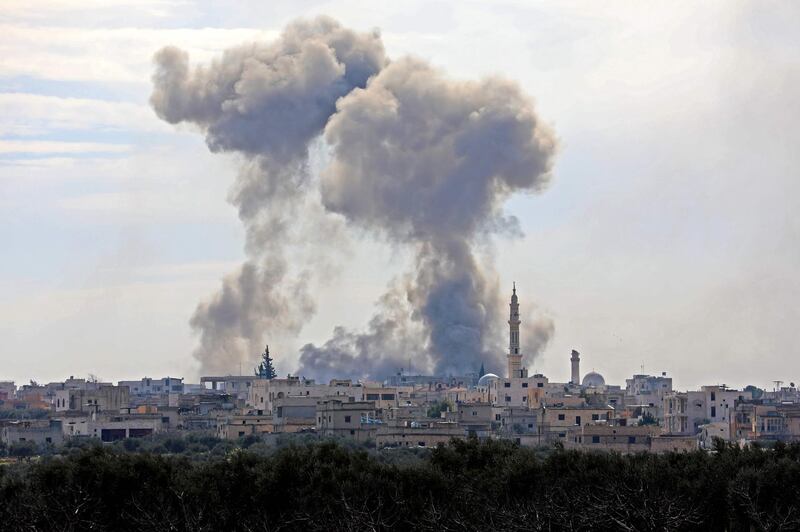 Smoke plumes billowing in the Syrian village of al-Nayrab, about 14 kilometres southeast of the city of Idlib in the northwestern Idlib province, during bombardment by Syrian government forces and its allies.  AFP