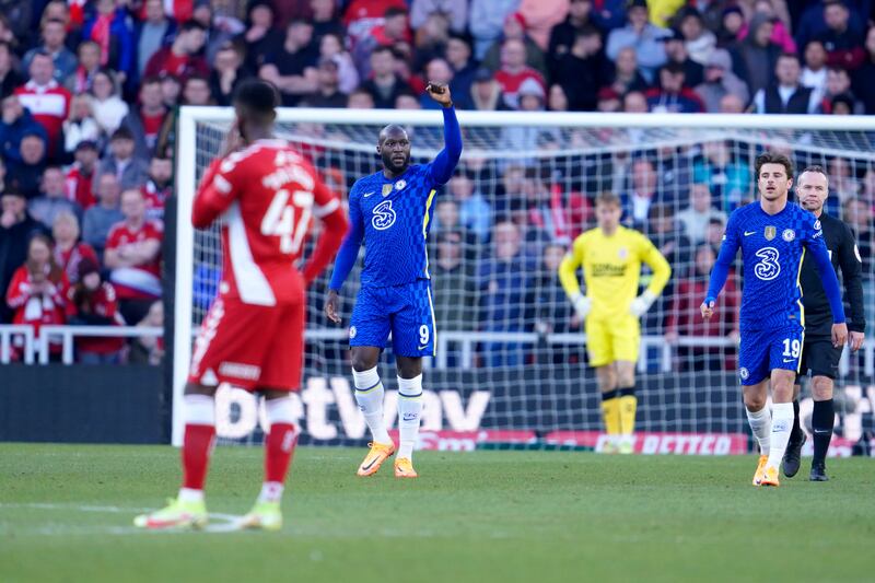 Chelsea's Romelu Lukaku celebrates after scoring the first goal in the FA Cup win against Middlesbrough at the Riverside Stadium. AP