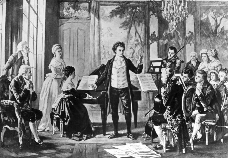 Ludwig van Beethoven performing with the Razumovsky Quartet, as depicted by artist August Borckmann.  Rischgitz / Getty Images 