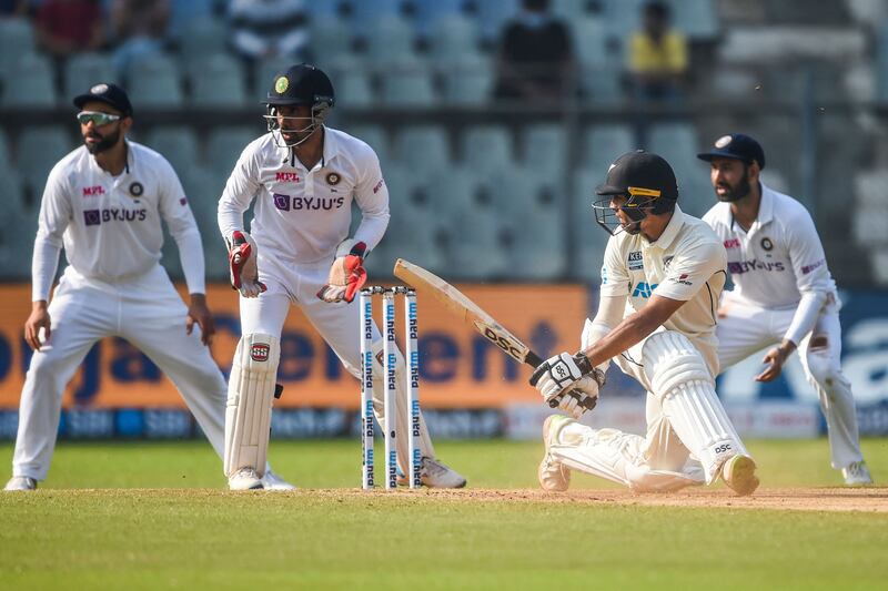 New Zealand's Rachin Ravindra plays a shot during the fourth day of the second Test. AFP