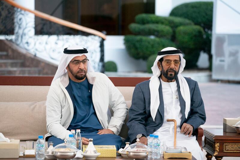 ABU DHABI, UNITED ARAB EMIRATES - January 06, 2020: HH Sheikh Hamdan bin Zayed Al Nahyan, Ruler’s Representative in Al Dhafra Region (L) and HH Sheikh Tahnoon bin Mohamed Al Nahyan, Ruler's Representative in Al Ain Region (R), attend a Sea Palace braza.

( Hamad Al Kaabi / Ministry of Presidential Affairs )​
---