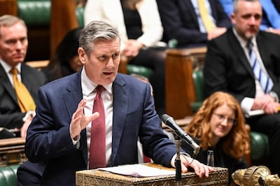 A handout photograph released by the UK Parliament shows Britain's main opposition Labour Party leader Keir Starmer speaking during the weekly session of Prime Minister's Questions (PMQs) in the House of Commons, in central London on February 21, 2024.  UK Parliament / AFP