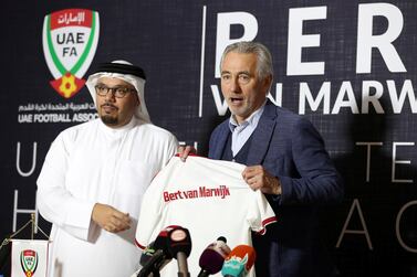 UAEFA vice-chairman Abdulla Naser Al Junaibi and UAE manager Bert Van Marwijk at the press conference. Pawan Singh / The National