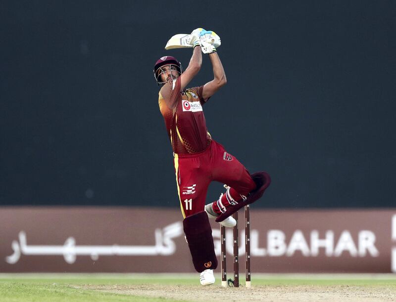 Sharjah, United Arab Emirates - October 06, 2018: Karim Janat bats for the Kandahar Knights Leopards during the game between Kandahar Knights and Nangarhar Leopards in the Afghanistan Premier League. Saturday, October 6th, 2018 at Sharjah Cricket Stadium, Sharjah. Chris Whiteoak / The National
