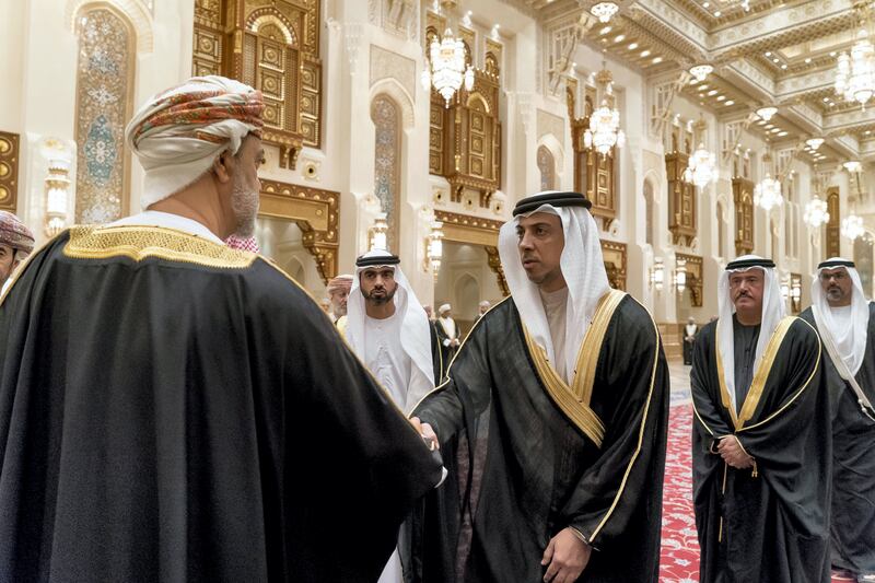 MUSCAT, OMAN - January 12, 2020: HH Sheikh Mansour bin Zayed Al Nahyan, UAE Deputy Prime Minister and Minister of Presidential Affairs (2nd L), offers condolences to HM Sayyid Haitham Bin Tariq Al Said, Sultan of Oman (L), on the passing of HM Qaboos bin Saeed, Sultan of Oman, at Al Alam Palace. Seen with HH Sheikh Sultan bin Hamdan bin Mohamed Al Nahyan (2nd R) and HH Major General Sheikh Khaled bin Mohamed bin Zayed Al Nahyan, Deputy National Security Adviser, member of the Abu Dhabi Executive Council and Chairman of Abu Dhabi Executive Office (R).

( Rashed Al Mansoori / Ministry of Presidential Affairs )
---