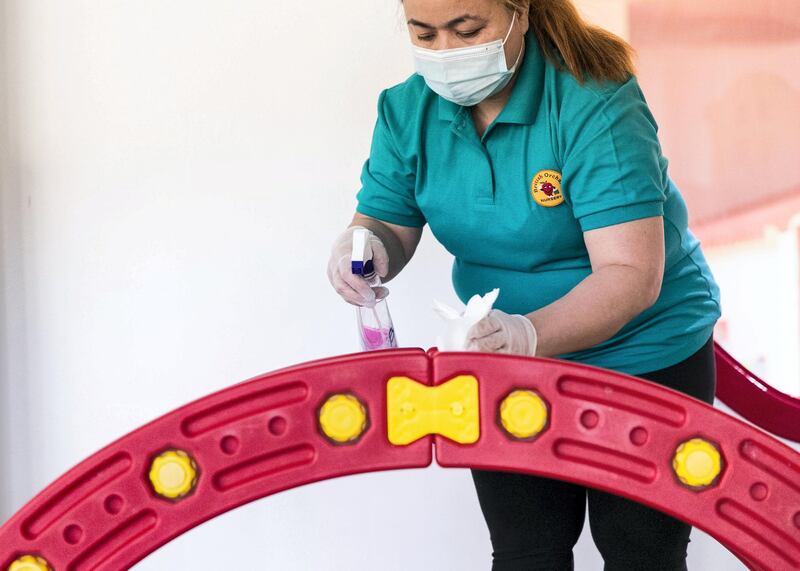 DUBAI, UNITED ARAB EMIRATES.12  OCTOBER 2020. 
British Orchard Nursery staff sanitize the toys regularly. (Photo: Reem Mohammed/The National)

Reporter:
Section: