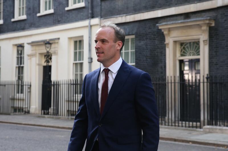 epa07738431 State Secretary Dominic Raab leaves as British Prime Minister Boris Johnson begins his new term at Downing Street in London, Britain, 24 July 2019. Theresa May stepped down as British Prime Minister following her resignation as Conservative Party leader on 07 June. Former London mayor and foreign secretary Boris Johnson is taking over the post after he was election as Tories party leader was announced the previous day.  EPA/NEIL HALL