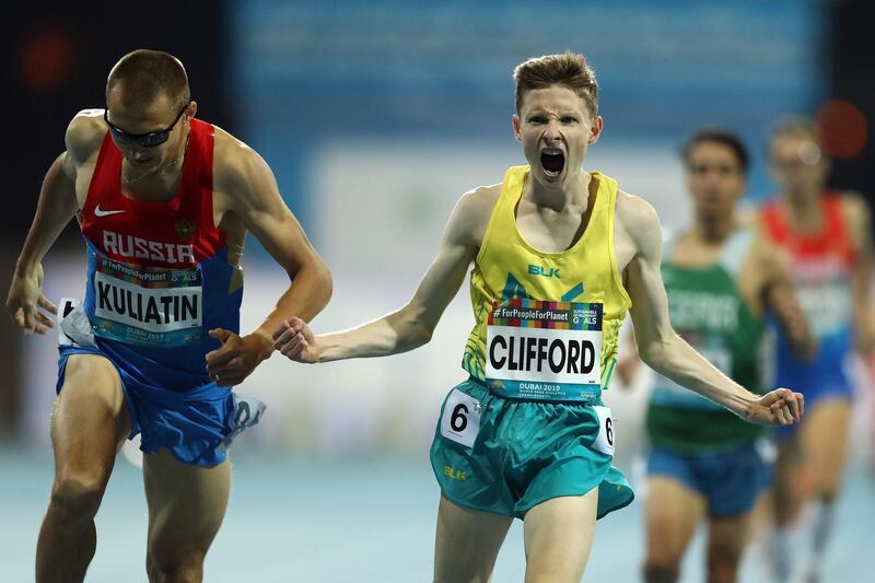 Jaryd Clifford of Australia celebrates winning the Men's 1500m T13 final. Getty Images