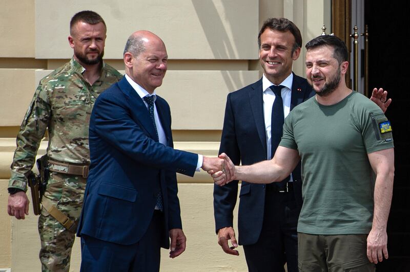 Ukrainian President Volodymyr Zelenskyy with Mr Scholz and Mr Macron in Kyiv, Ukraine, in June. Getty Images