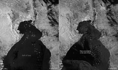 Combination of satellite pictures shows Gulf of Suez on March 21, 2021, and the same area with a traffic jam seen from space on March 25, 2021.  Copernicus Sentinel data [2021], ESA/Handout via REUTERS THIS IMAGE HAS BEEN SUPPLIED BY A THIRD PARTY. MANDATORY CREDIT. NO RESALES. NO ARCHIVES.