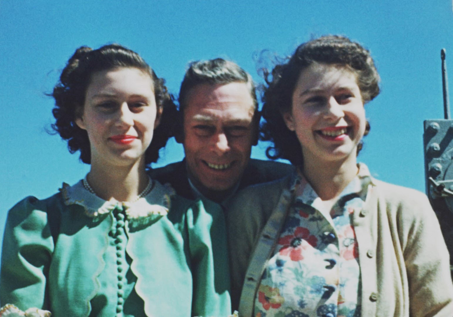 Footage from 1947 of Princess Margaret and Princess Elizabeth with their father, King George VI, on board 'HMS Vanguard' from the BBC documentary 'Elizabeth: The Unseen Queen'. Photo: BBC via PA Media