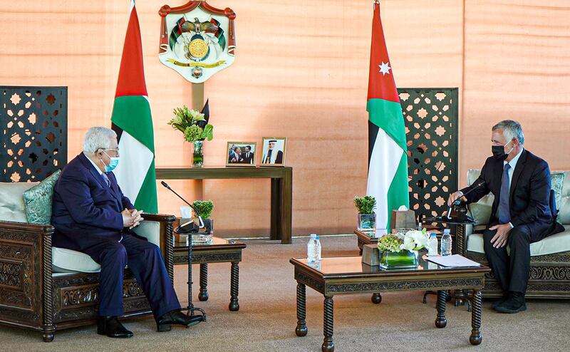 Jordan's King Abdullah II receiving Palestinian President Mahmoud Abbas as they meet to discuss developments related to the Palestinian cause, in the capital Amman. AFP