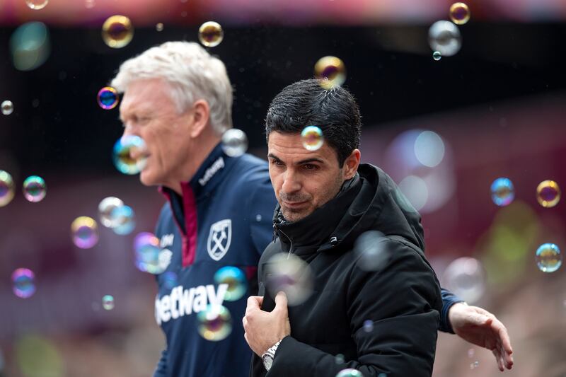 David Moyes, manager of West Ham United and Mikel Arteta, manager of Arsenal. Getty Images