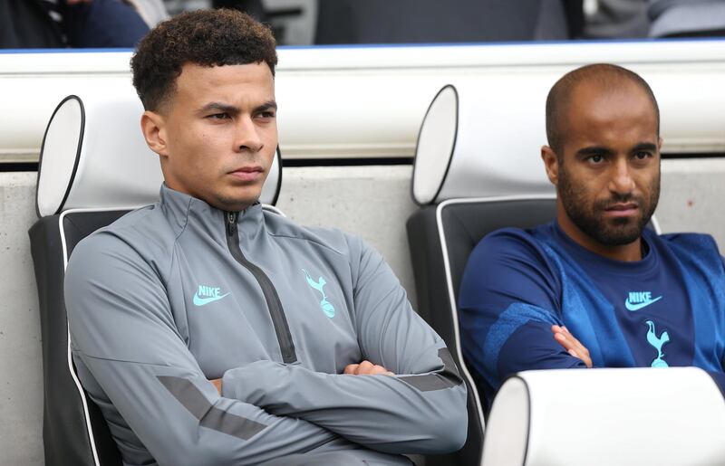 epa07898542 Tottenham's Dele Alli (L) on the bench during an English Premier League soccer match between Brighton & Hove Albion and Tottenham Hotspur at the Amex Stadium in Brighton, Britain 5 October 2019.  EPA/James Boardman EDITORIAL USE ONLY. No use with unauthorized audio, video, data, fixture lists, club/league logos or 'live' services. Online in-match use limited to 120 images, no video emulation. No use in betting, games or single club/league/player publications
